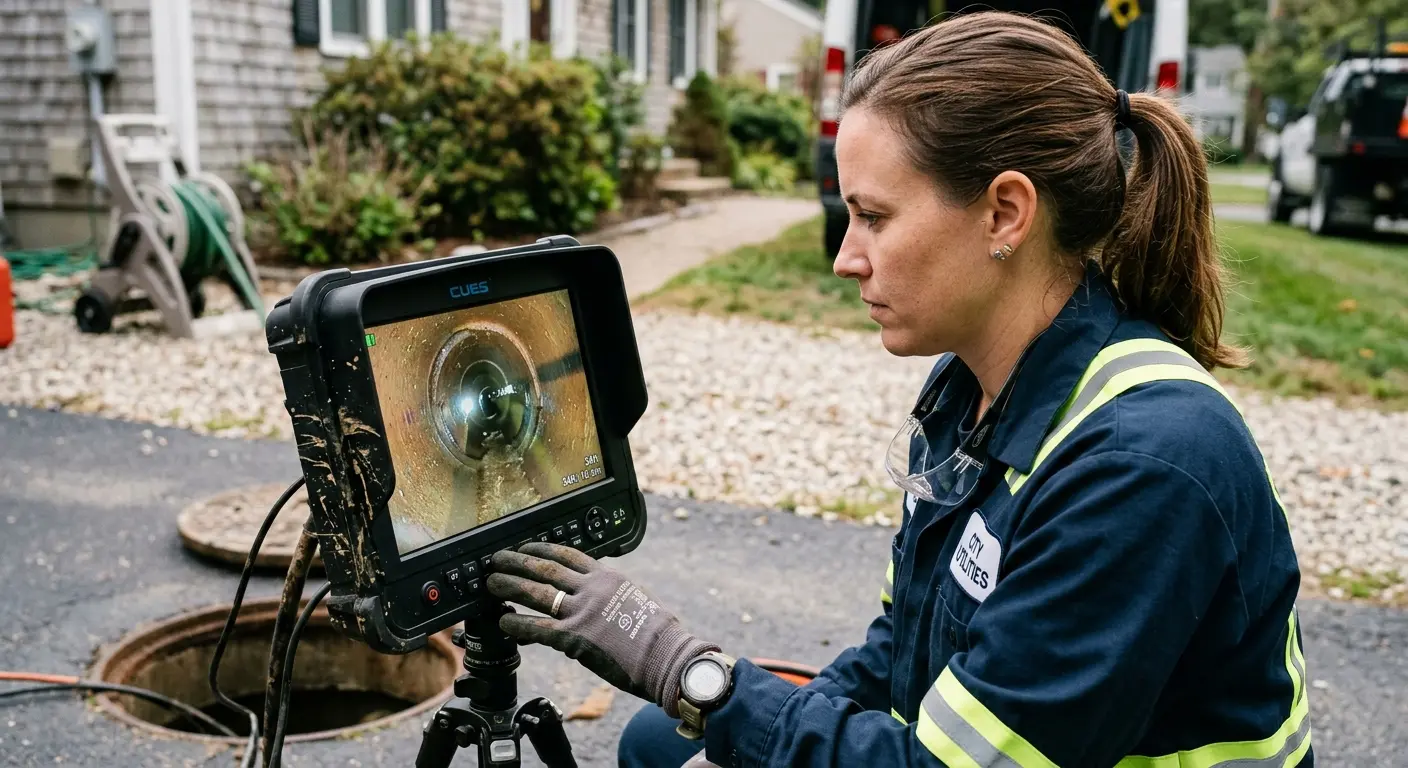 Technician reviewing sewer camera inspection footage in Stroudsburg
