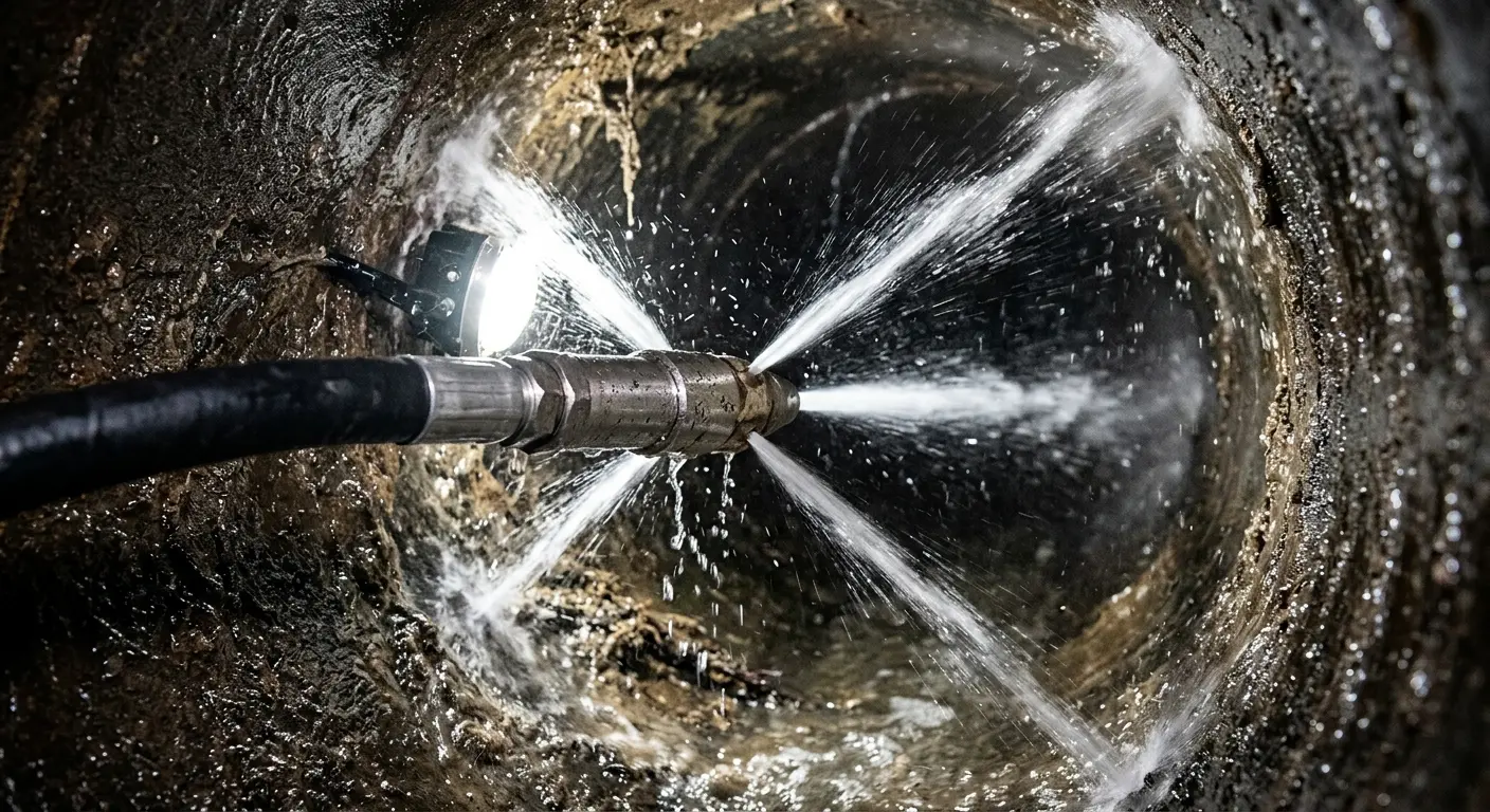 High-pressure hydro jetting nozzle cleaning sewer pipe for Emergency Drain Service in Stroudsburg