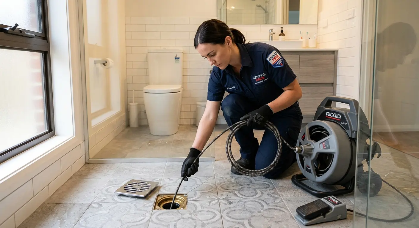 Technician clearing a bathroom floor drain for Drain Cleaning in Stroudsburg
